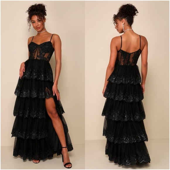 LULU’S Alluring Sensation Black Tulle Embroidered Tiered Maxi Dress - Picture 1 of 5